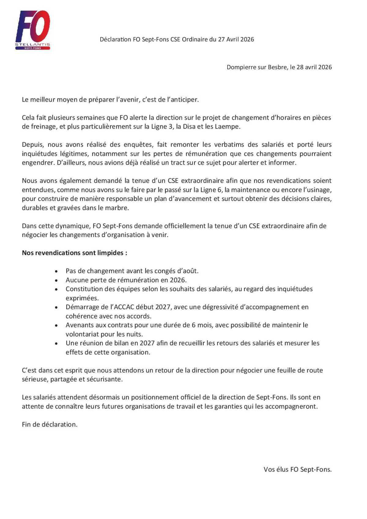 Retrouver les 3 déclarations lues en CSE ce jour.