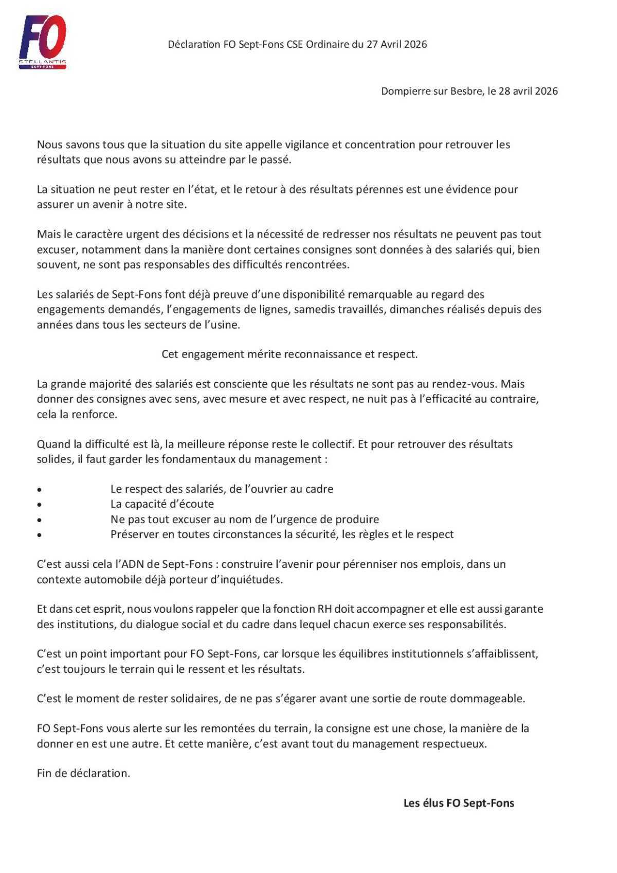 Retrouver les 3 déclarations lues en CSE ce jour.