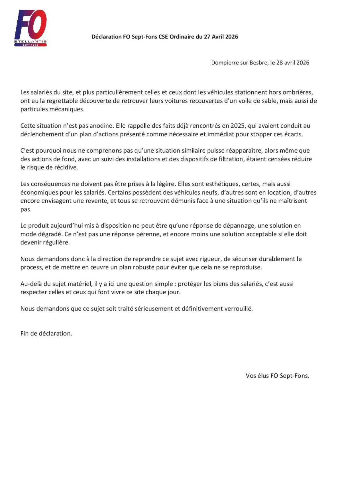 Retrouver les 3 déclarations lues en CSE ce jour.