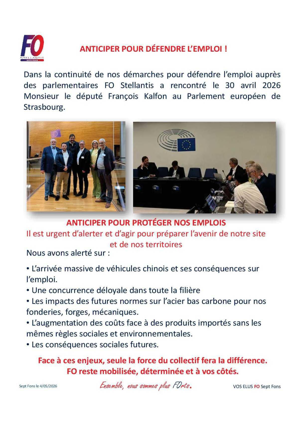 Défense de l'emploi à Strasbourg, la délégation FO alerte les parlementaires 