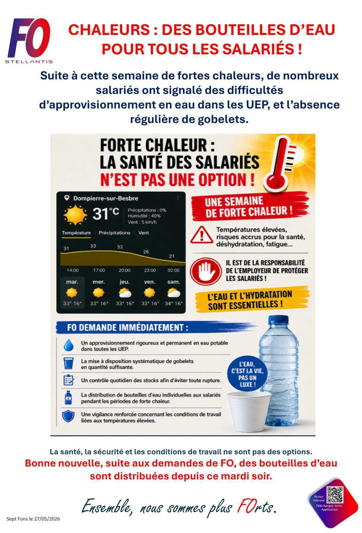 CHALEURS : DES BOUTEILLES D’EAU POUR TOUS LES SALARIÉS !