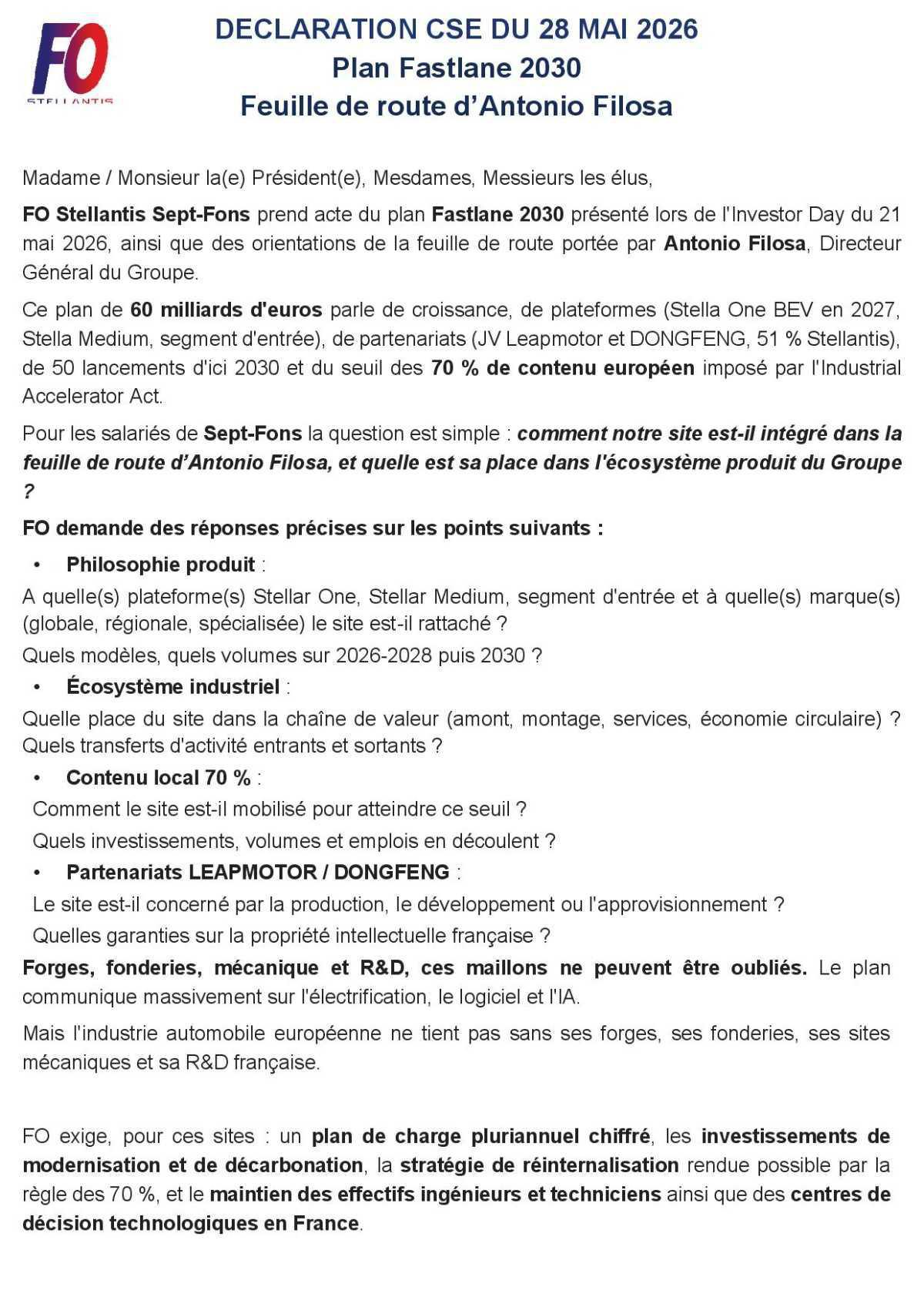 Déclaration FO en CSE du 28 juin 2026.