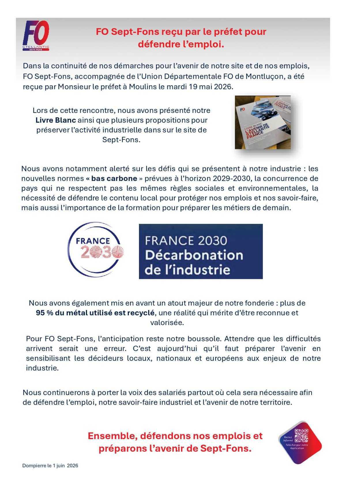FO Sept Fons à la préfecture de Moulins pour défendre le site.