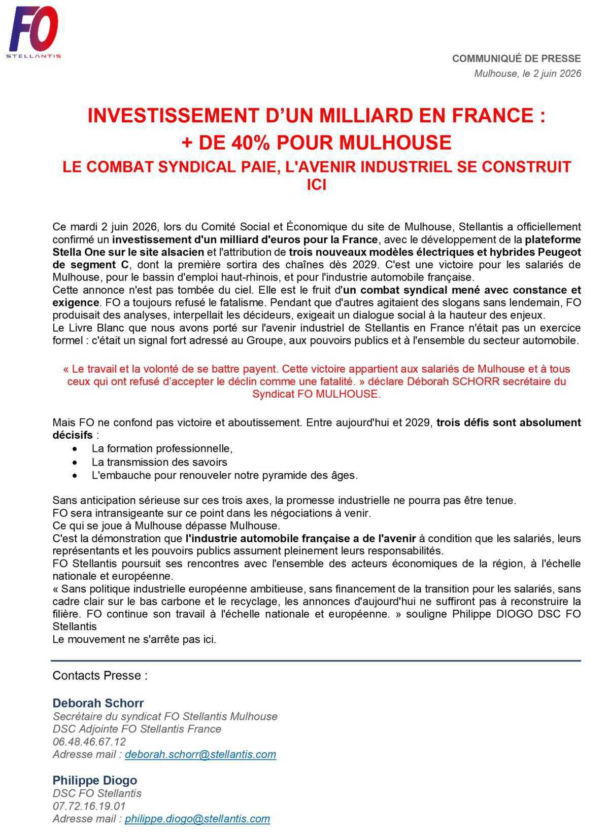 1 MILLIARD POUR LA FRANCE, le combat syndical paie. 