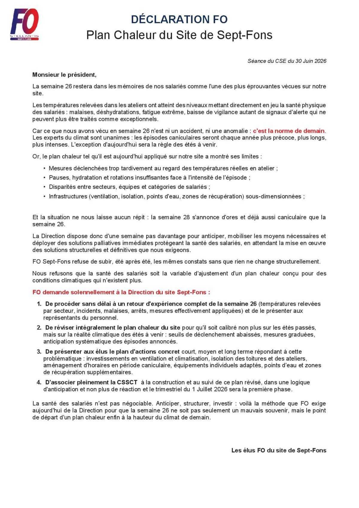 Déclaration début de séance, FO demande de reprendre la plan chaleur !