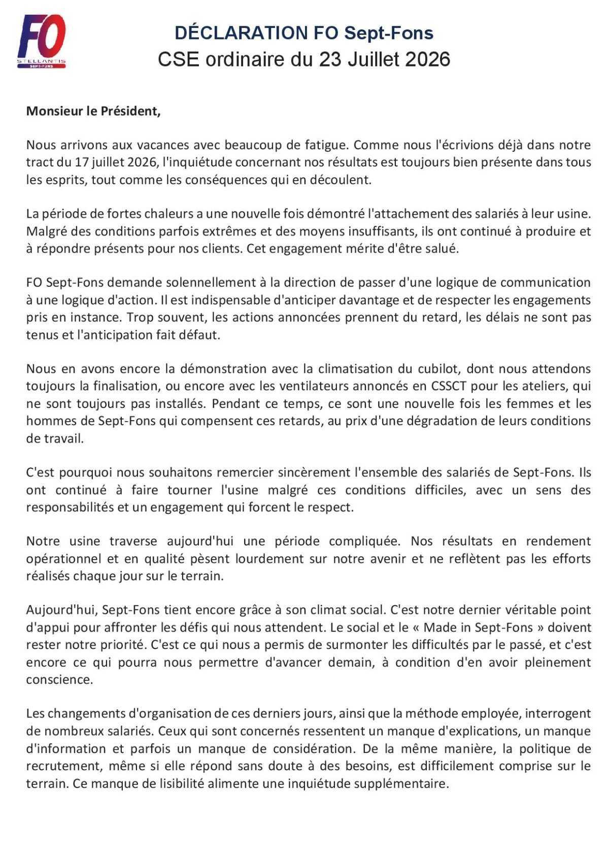 Déclaration FO, concernant l'inquiétude des salariés au CSE.