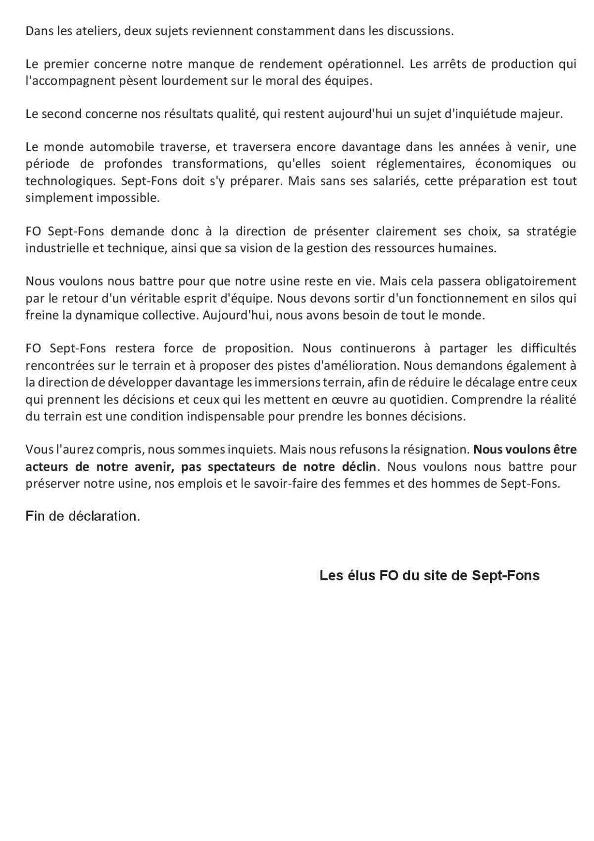 Déclaration FO, concernant l'inquiétude des salariés au CSE.