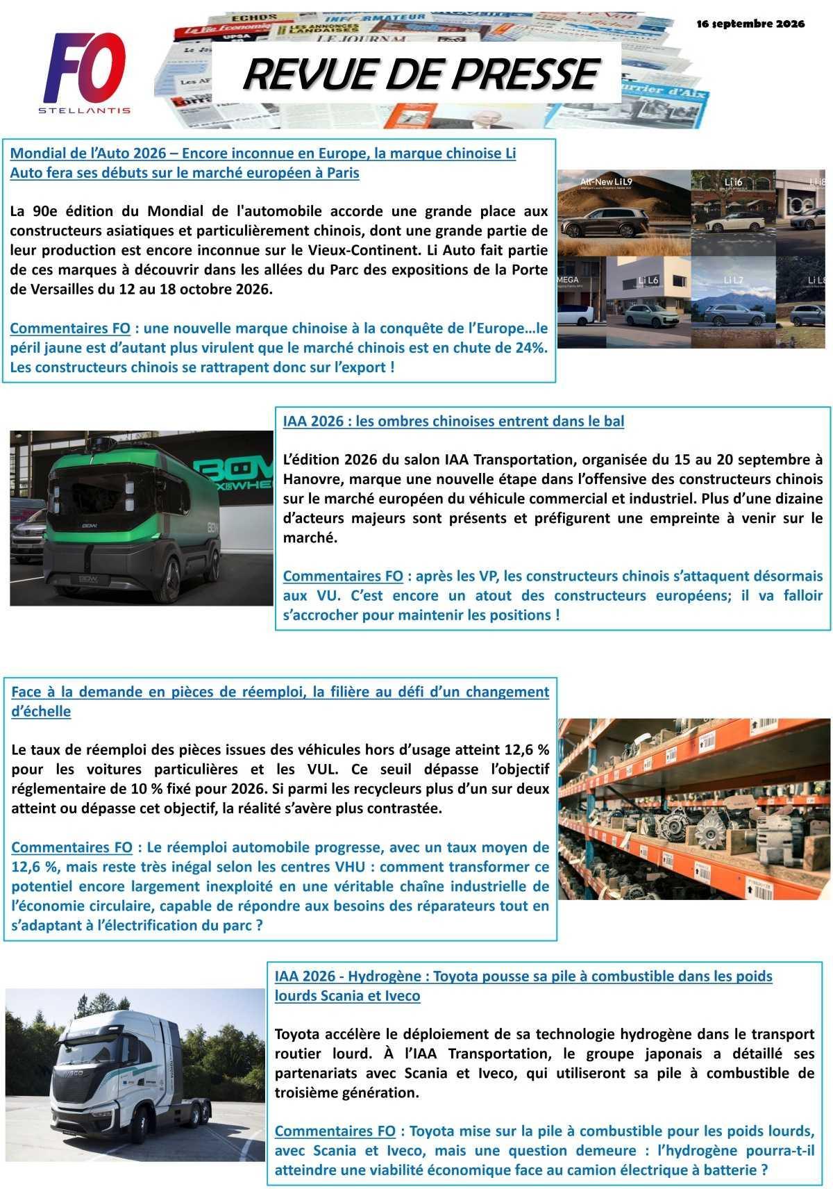 REVUE DE PRESSE FO, 16 septembre 2026