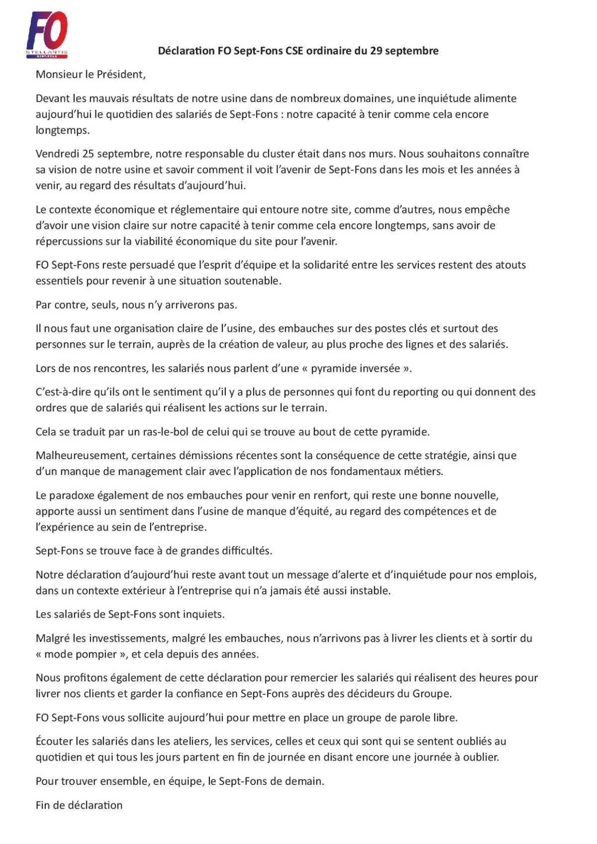 Déclaration FO lors du CSE ordinaire, situation sur le terrain !