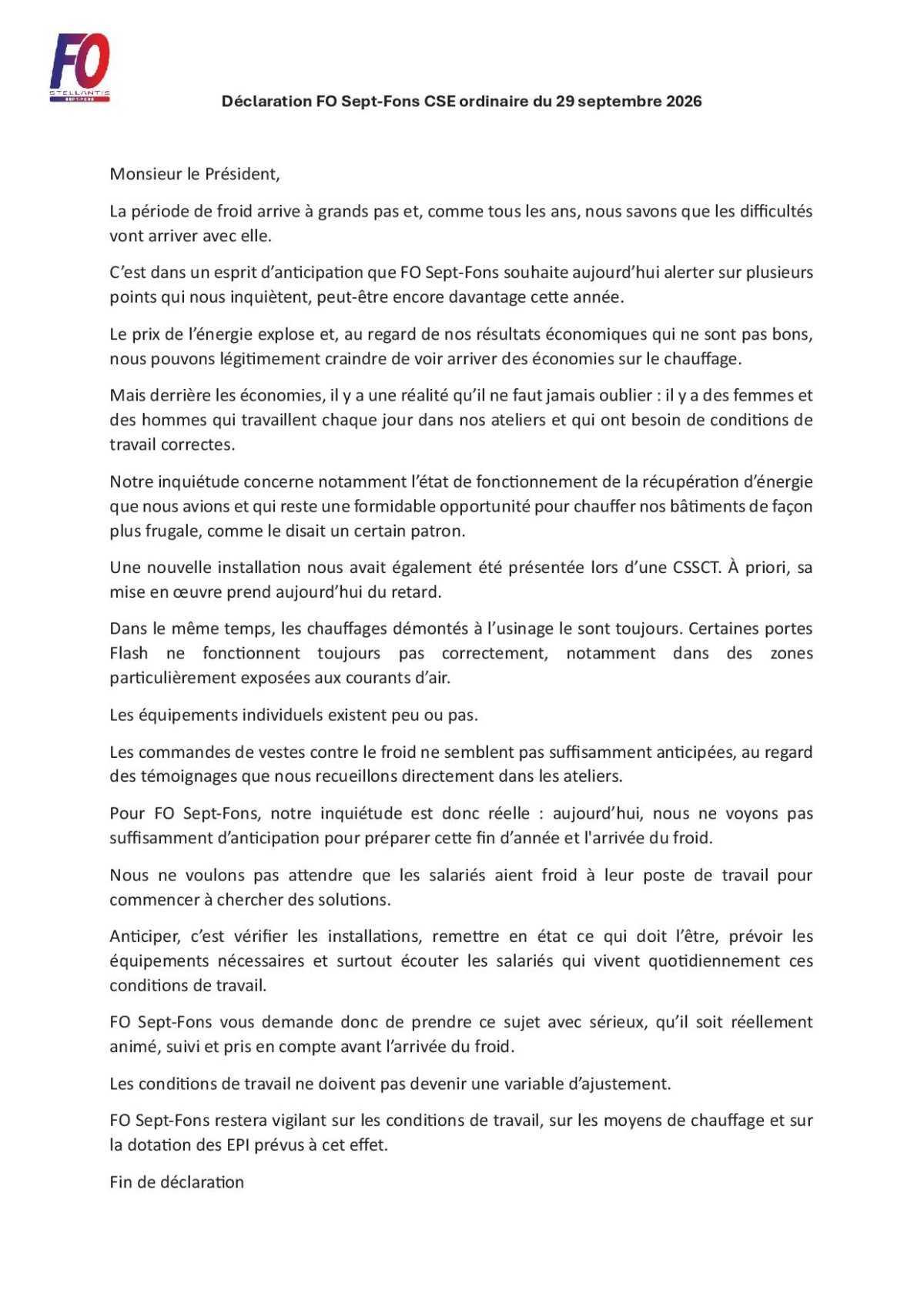 Déclaration CSE, le chauffage, l'anticipation avant le froid.