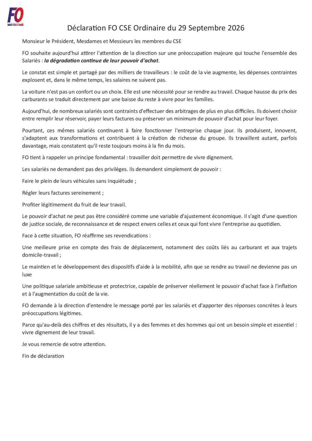 Déclaration concernant le pouvoir d'achat !