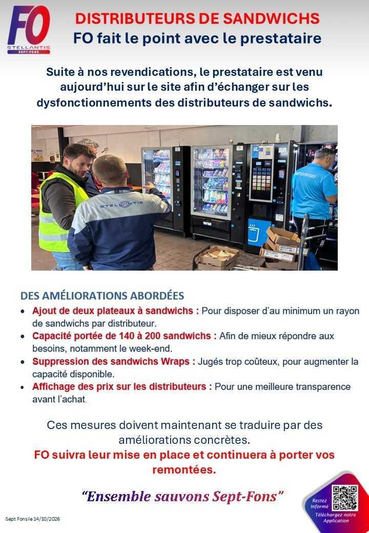 DISTRIBUTEURS DE SANDWICHS : FO fait le point avec le prestataire