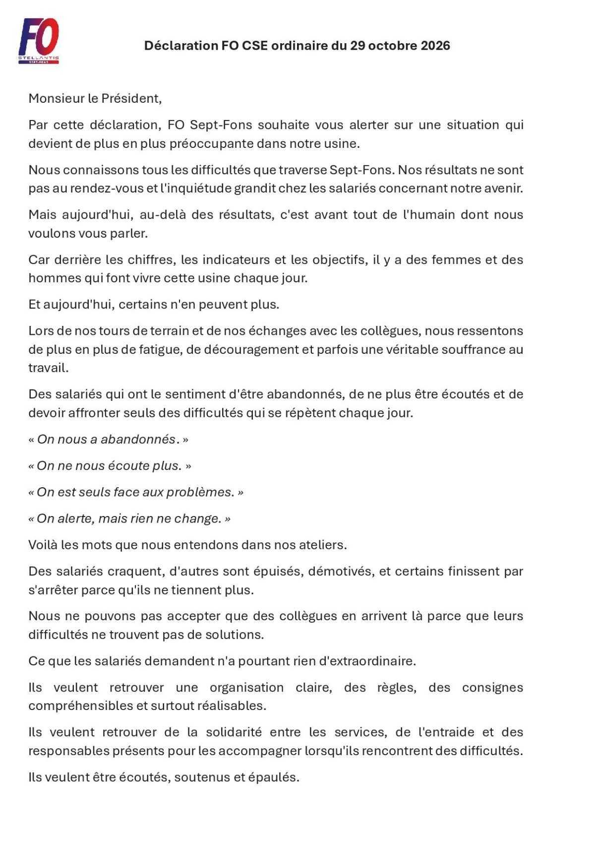 En direct du CSE, Déclaration FO en début de séance ! En direct du CSE, Déclaration FO en début de séance !