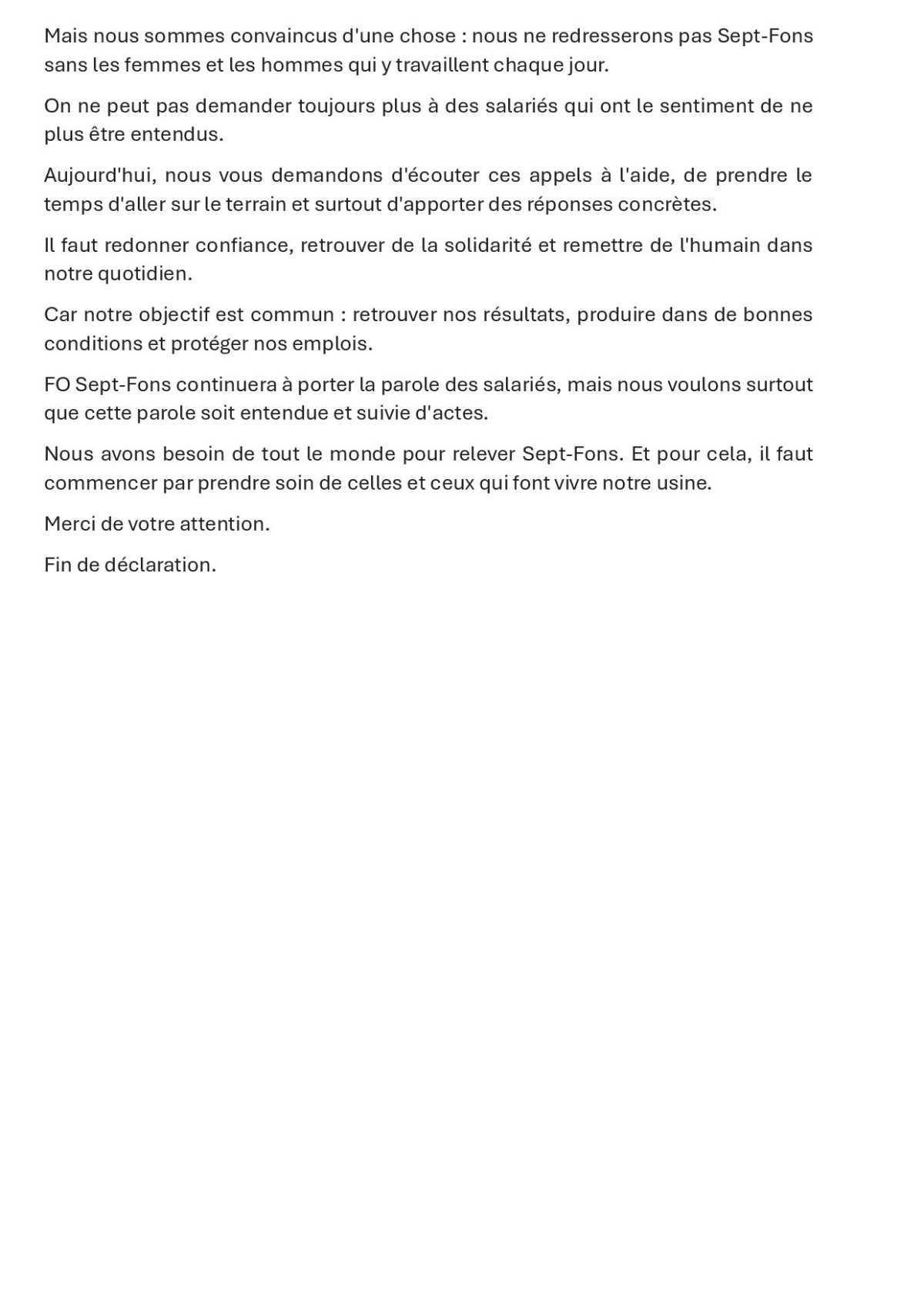 En direct du CSE, Déclaration FO en début de séance !