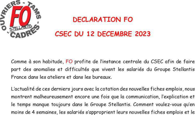 Déclaration CSEC du 12 décembre 2023