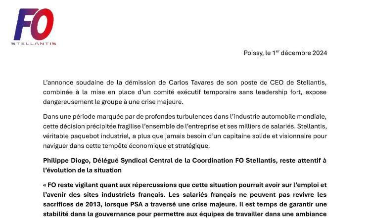 Communiqué de presse P DIOGO suite à démission de Carlos TAVRES