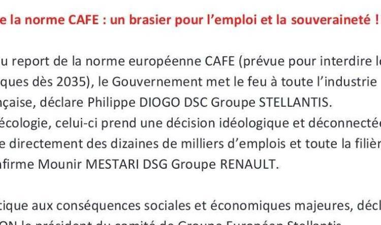 La norme CAFE, Un brasier pour l'emploi en France !