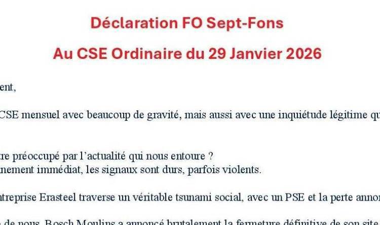 Déclaration FO du 29 Janvier en CSE !📢