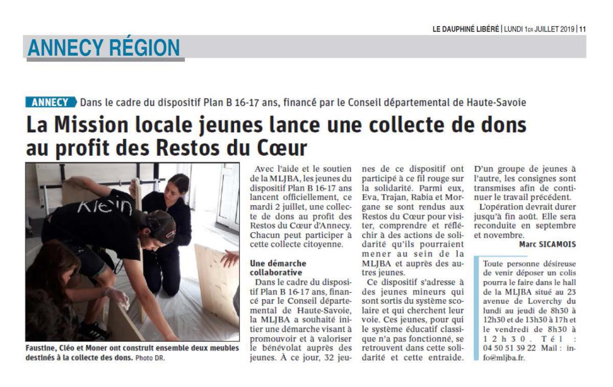 Article Dauphiné Libéré - Opération Restos du Coeur Article Dauphiné Libéré - Opération Restos du Coeur