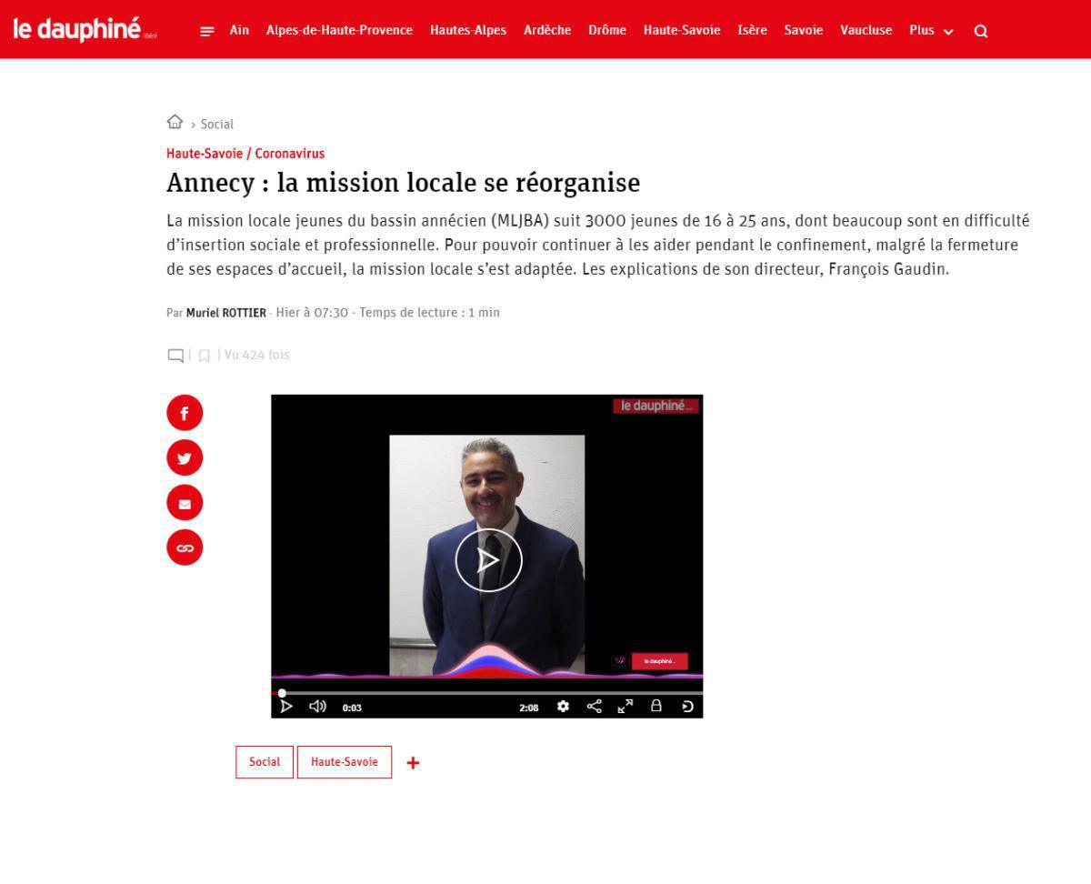 Article Dauphiné Libéré - Annecy : La Mission Locale se réorganise Article Dauphiné Libéré - Annecy : La Mission Locale se réorganise