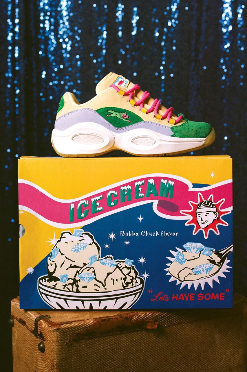 BBCICECREAM x Reebok Question Lows applique son graphique de chien de course BBCICECREAM x Reebok Question Lows applique son graphique de chien de course