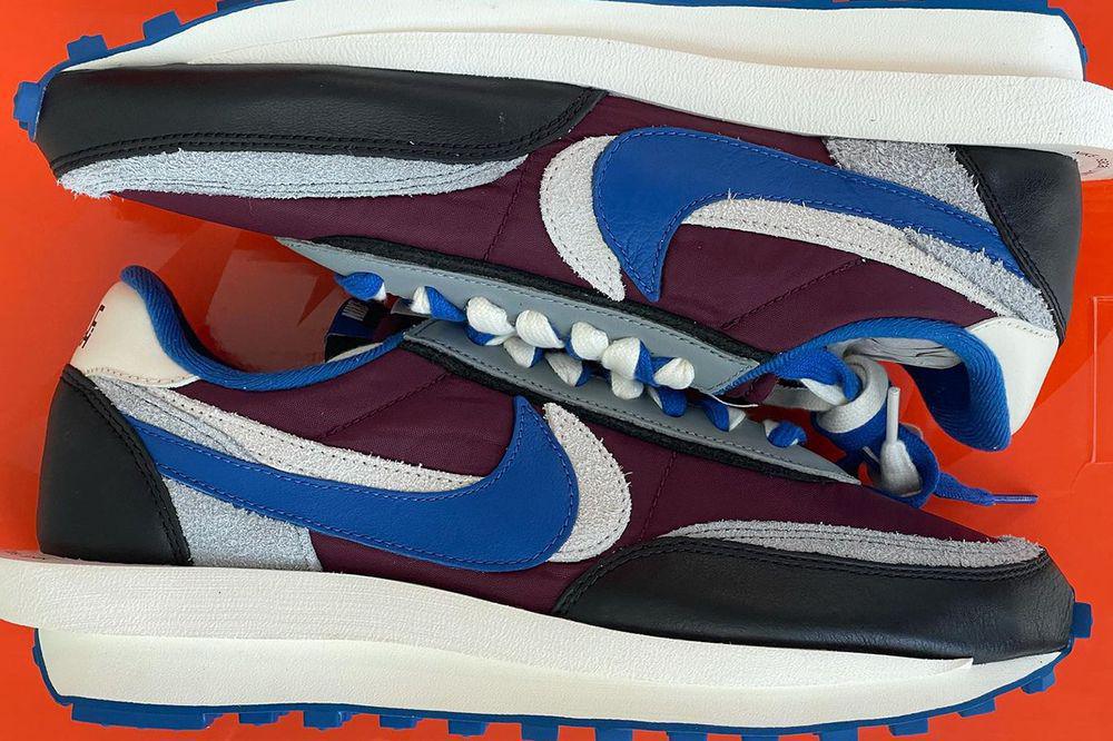 Gros plan sur les modèles sacai x UNDERCOVER x Nike LDWaffle "Midnight Spruce" et "Night Maroon". Gros plan sur les modèles sacai x UNDERCOVER x Nike LDWaffle "Midnight Spruce" et "Night Maroon".