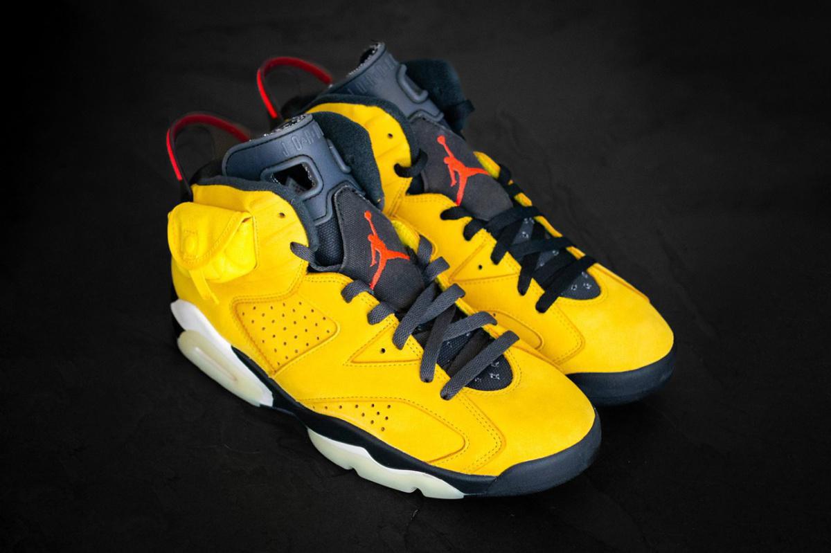 Vue détaillée de la Travis Scott x Air Jordan 6 "F&F Yellow". Vue détaillée de la Travis Scott x Air Jordan 6 "F&F Yellow".