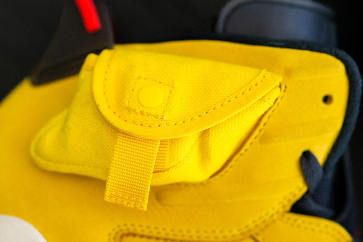 Vue détaillée de la Travis Scott x Air Jordan 6 "F&F Yellow".