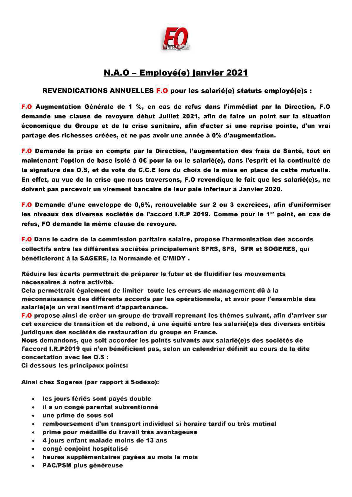 Revendications N.A.O Janvier 2021- Employé(e)s