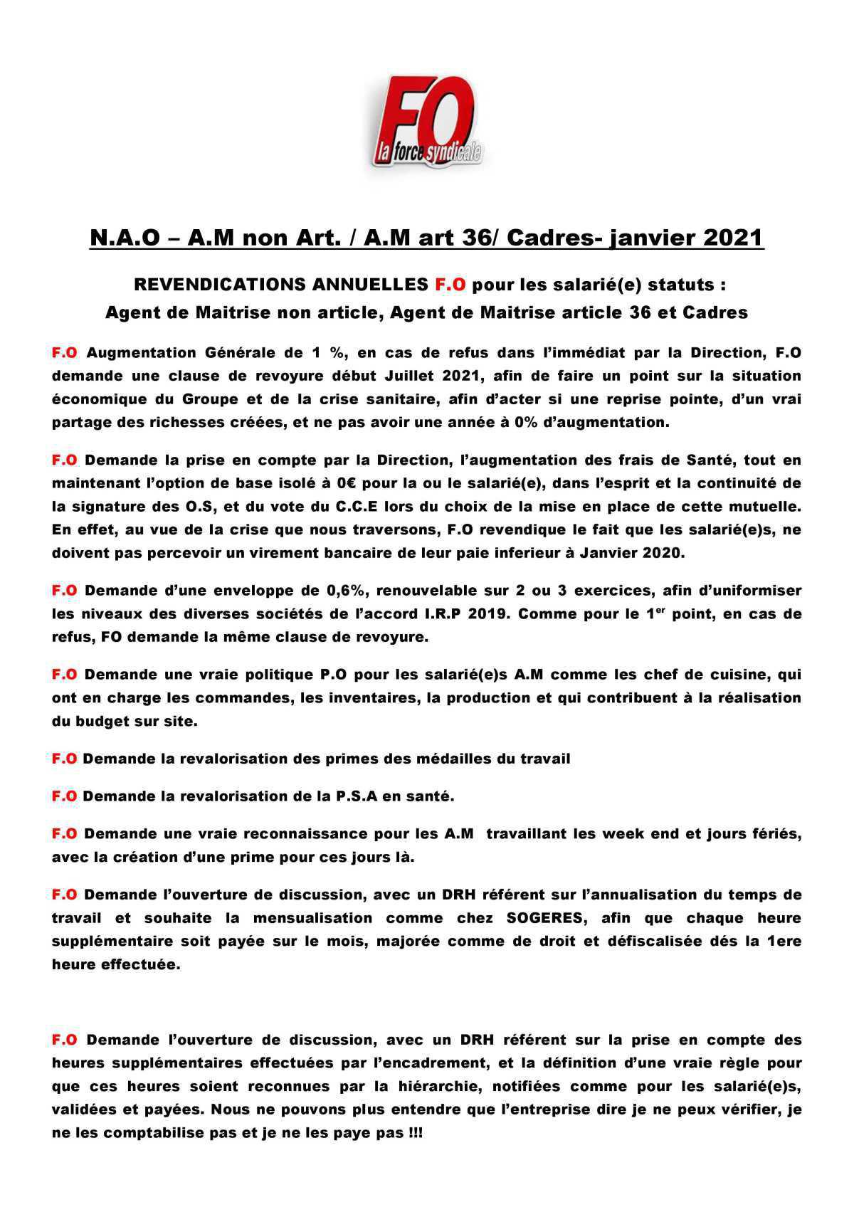 Revendications N.A.O Janvier 2021 -A.M et Cadres