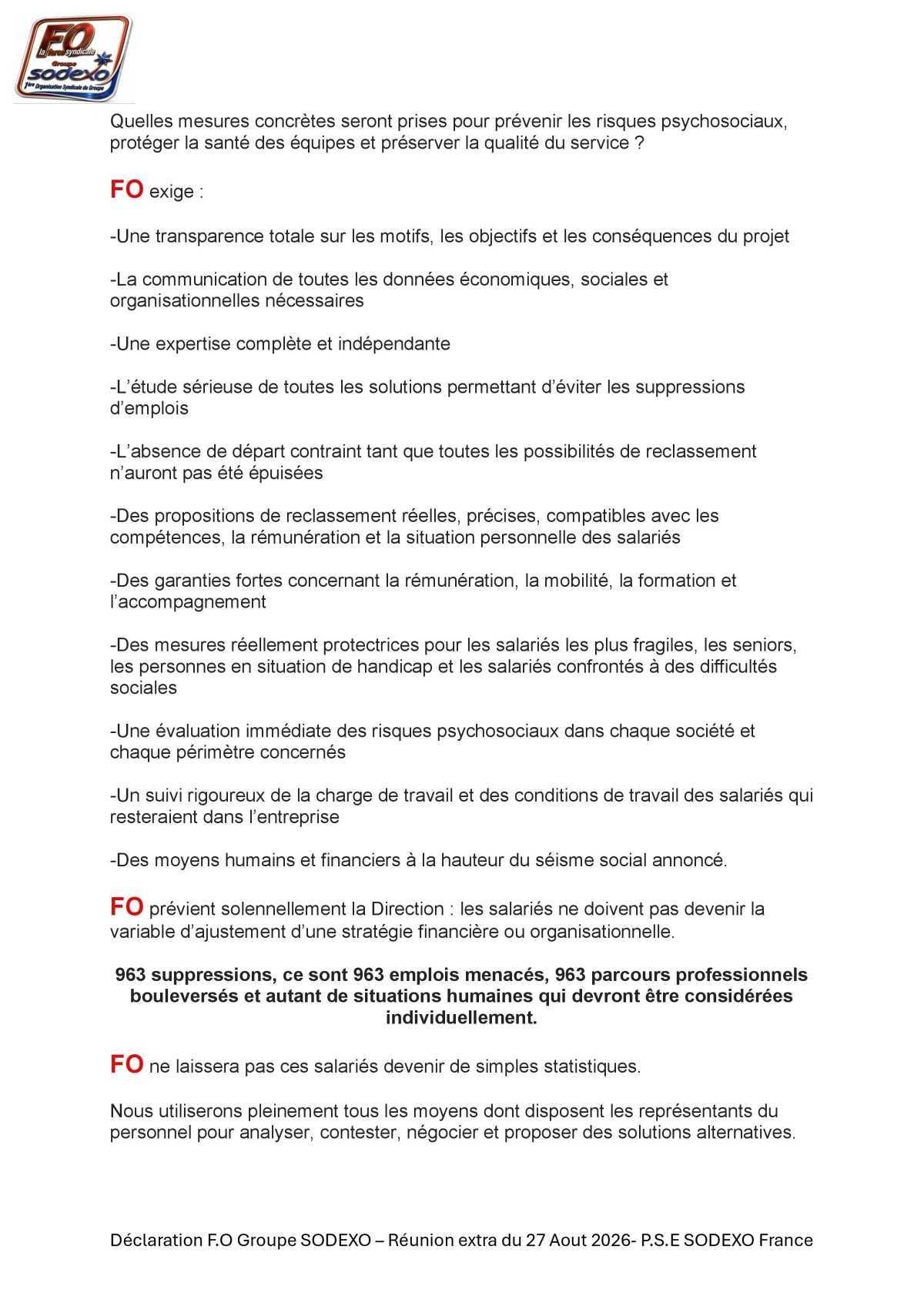 Déclaratio FO Groupe SODEXO dans tous les C.S.E de la réunion extra du 27 Aout 2026