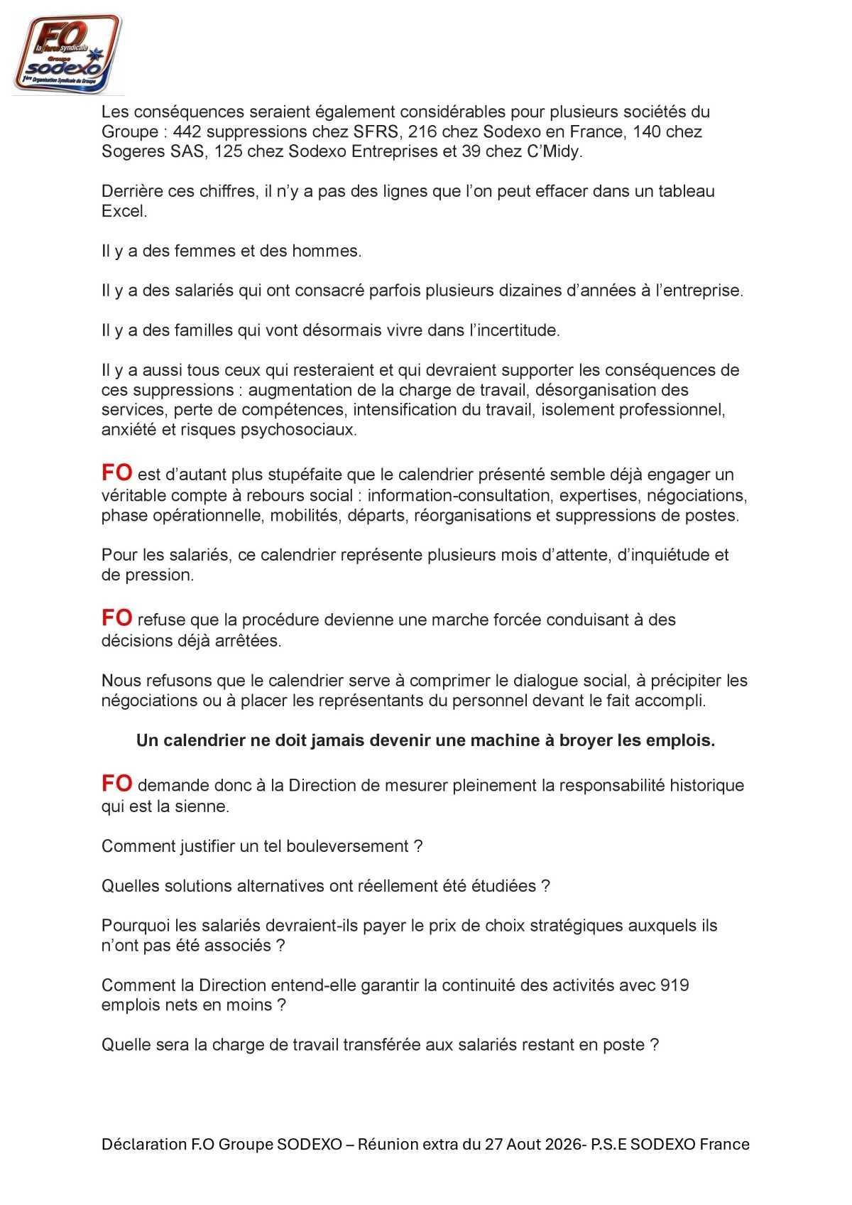 Déclaratio FO Groupe SODEXO dans tous les C.S.E de la réunion extra du 27 Aout 2026