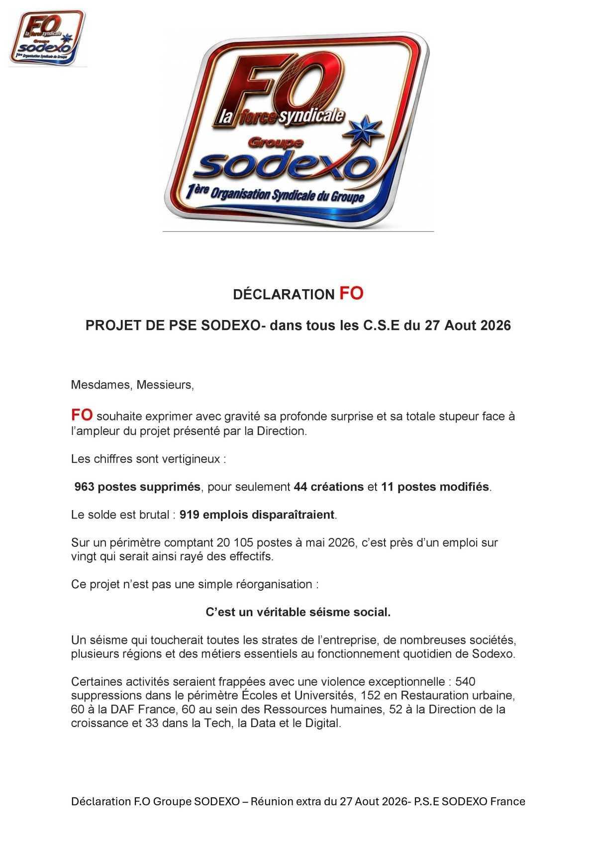 Déclaratio FO Groupe SODEXO dans tous les C.S.E de la réunion extra du 27 Aout 2026