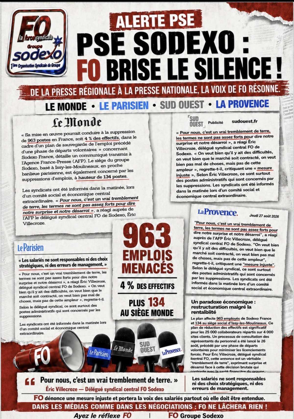 Flash PSE: FO Sodexo et son Délégué Central extraits des interventions dans la Presse Régionale et Nationale