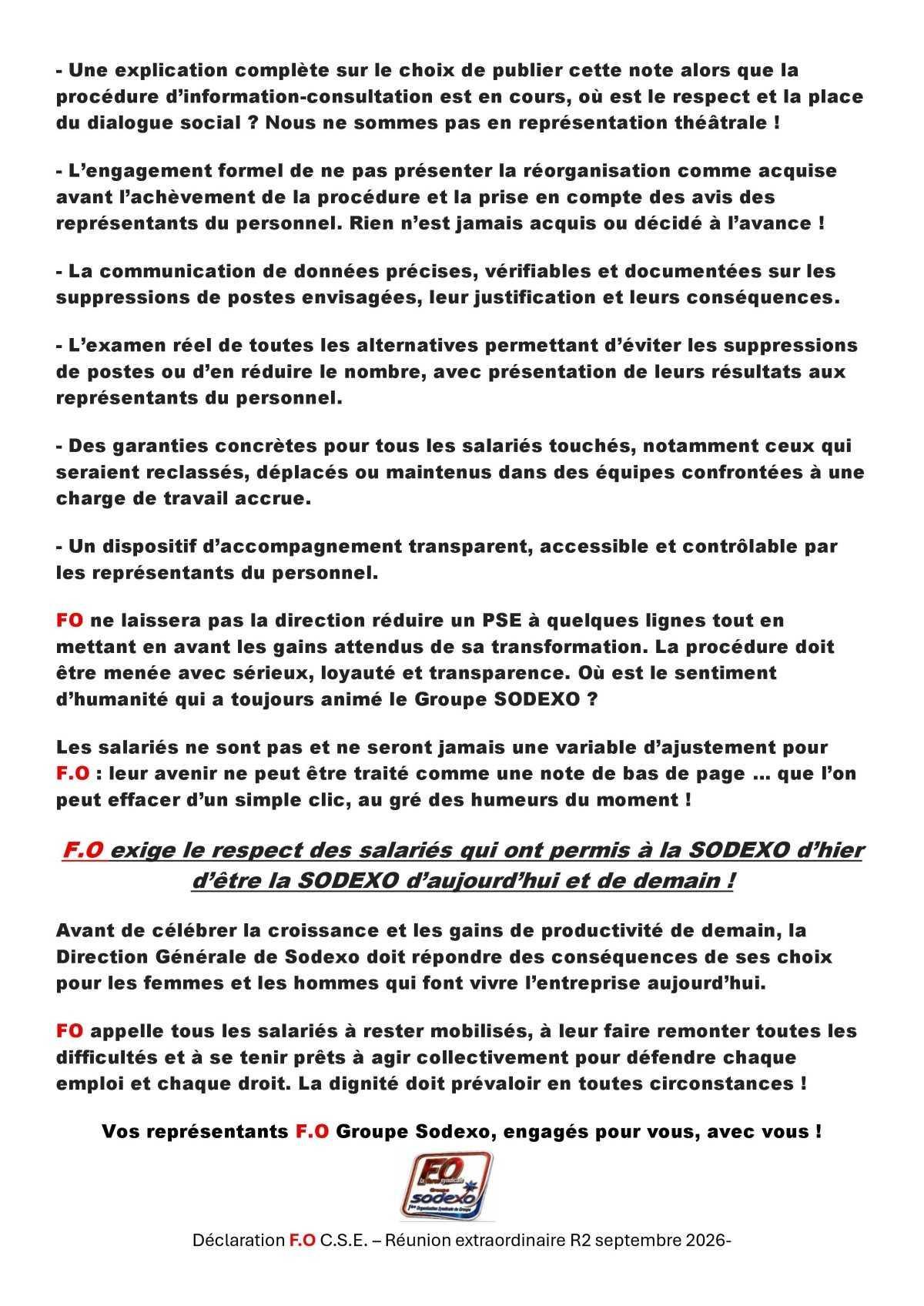 Déclaration FO Groupe SODEXO - Le PSE n'est pas une ligne en bas de page