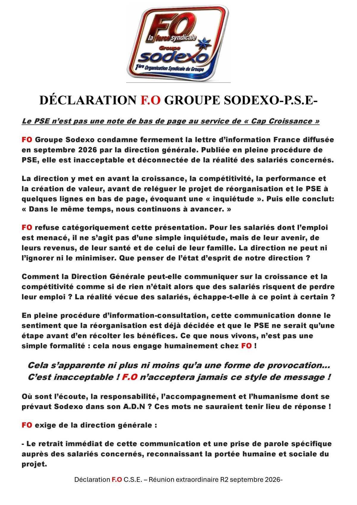 Déclaration FO Groupe SODEXO - Le PSE n'est pas une ligne en bas de page