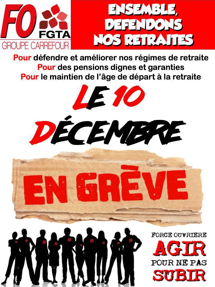 La FGTA/FO - Carrefour en grève pour les retraites le 10 décembr