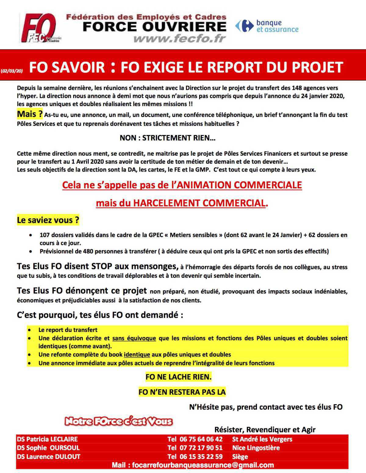 Carrefour Banque: FO exige le report du projet!
