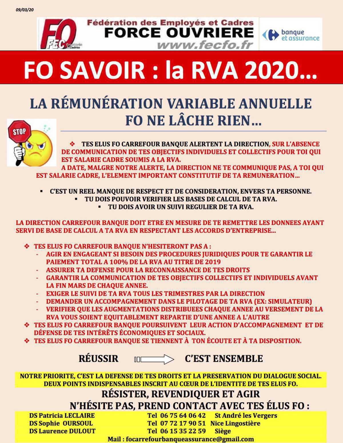 Carrefour Banque: FO savoir-la RVA 2020