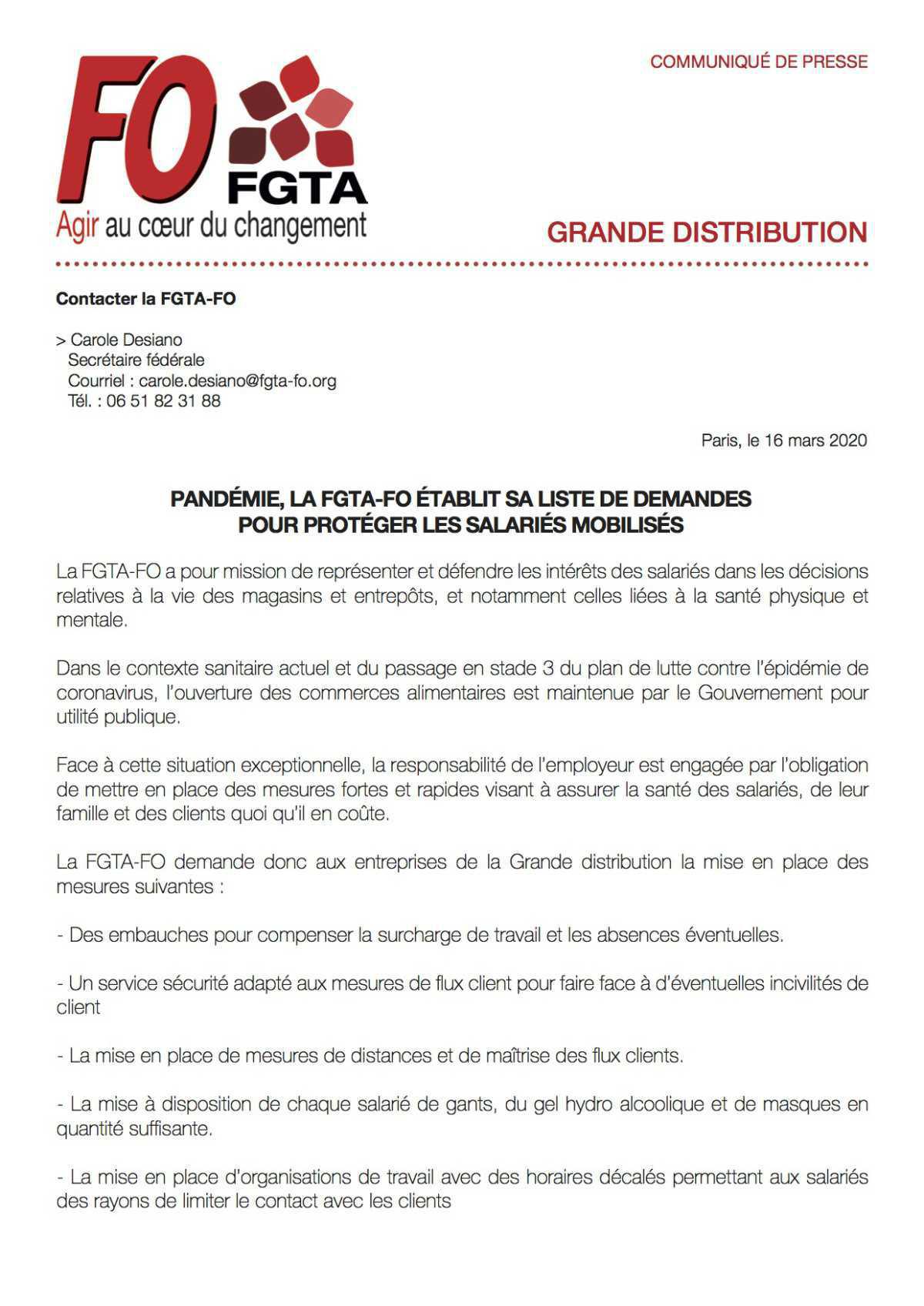 Pandémie, la FGTA-FO établit sa liste de demandes pour protéger les salariés mobilisés Pandémie, la FGTA-FO établit sa liste de demandes pour protéger les salariés mobilisés