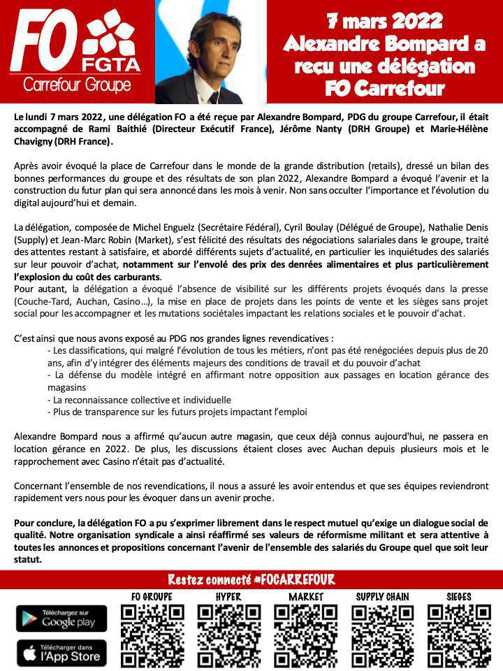 Alexandre Bompard a reçu une délégation FO Carrefour Alexandre Bompard a reçu une délégation FO Carrefour
