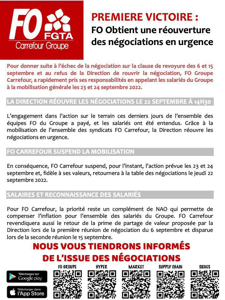 PREMIERE VICTOIRE : FO Obtient une réouverture des négociations en urgence PREMIERE VICTOIRE : FO Obtient une réouverture des négociations en urgence