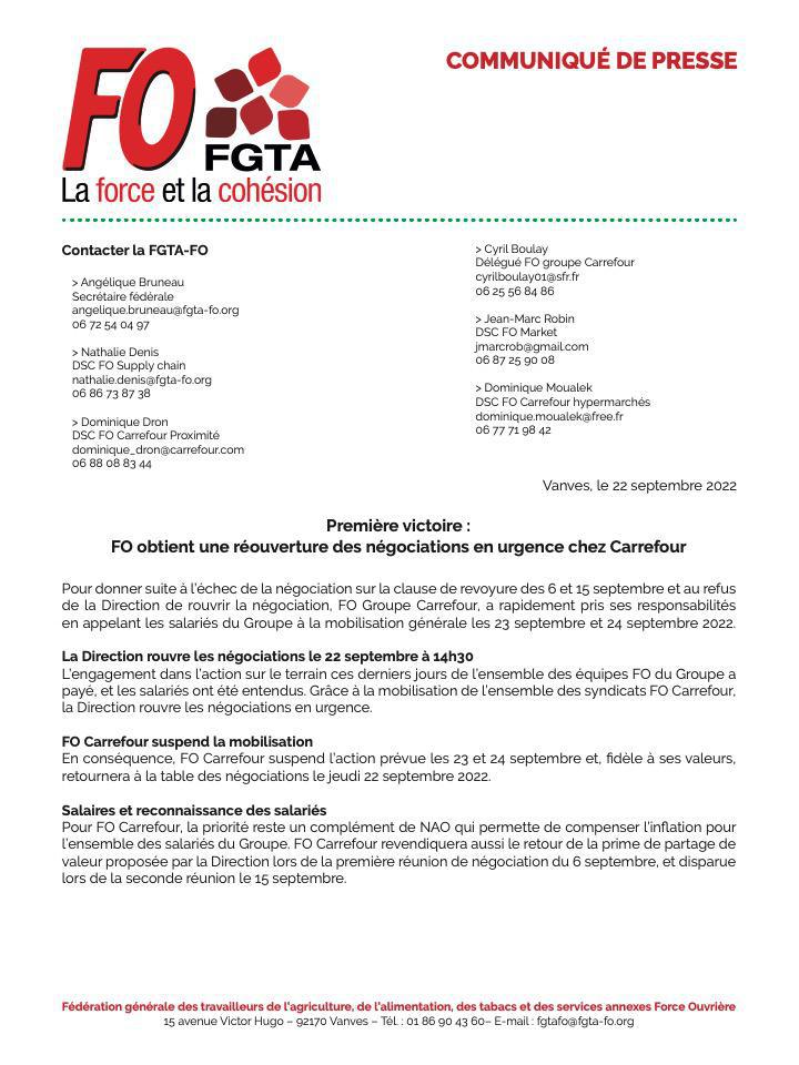 Communiqué de Presse de la FGTA FO : FO obtient une réouverture des négociations en urgence chez FO Carrefour