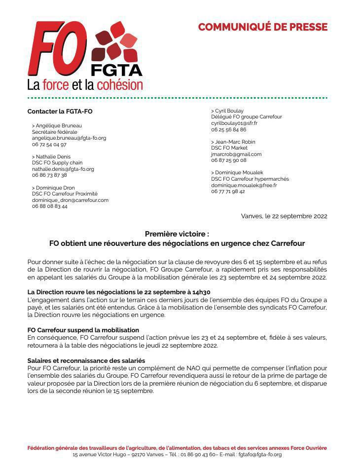Communiqué de Presse de la FGTA FO : FO obtient une réouverture des négociations en urgence chez FO Carrefour Communiqué de Presse de la FGTA FO : FO obtient une réouverture des négociations en urgence chez FO Carrefour