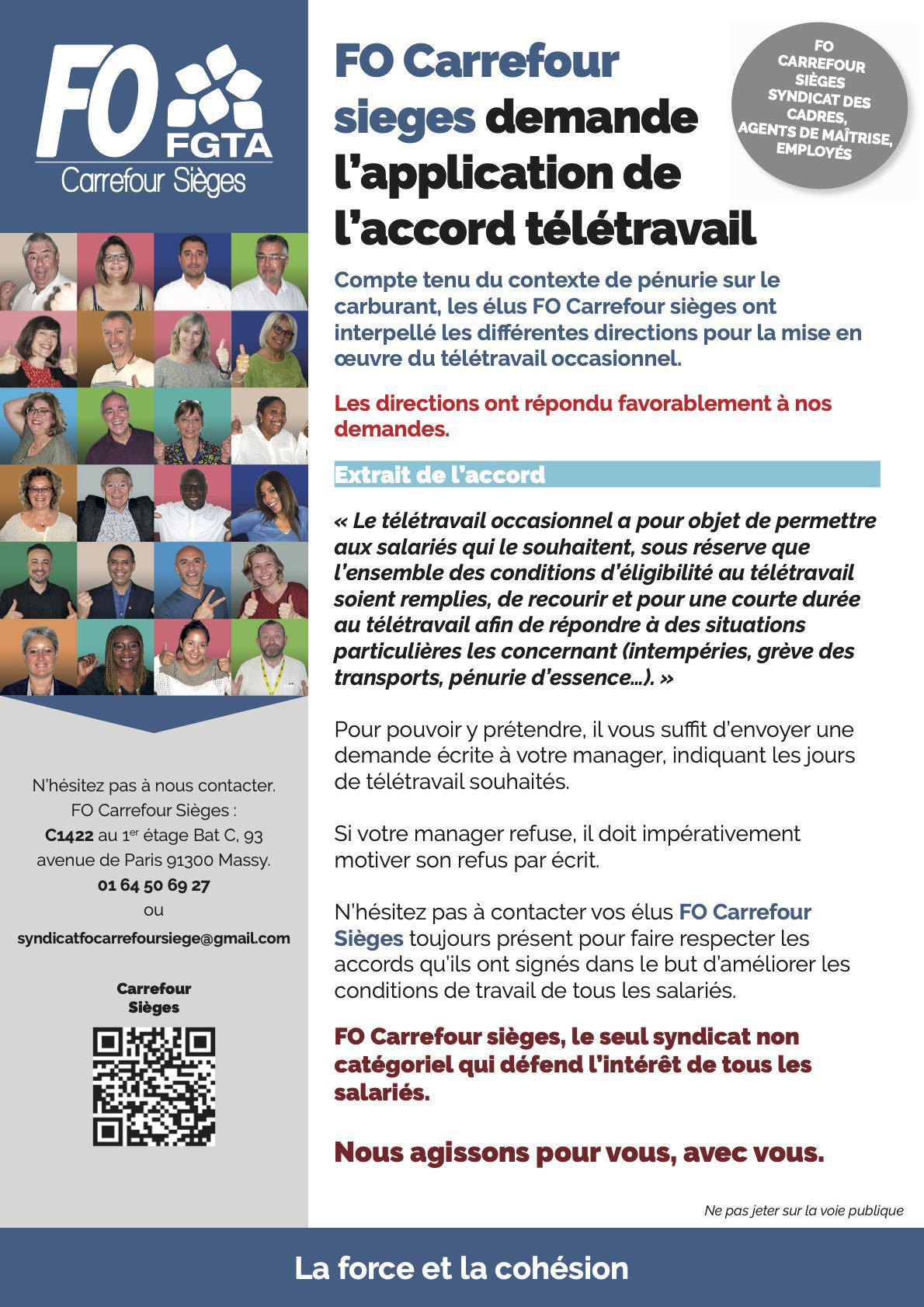 FO Carrefour Sièges demande l'application de l'Accord Télétravail