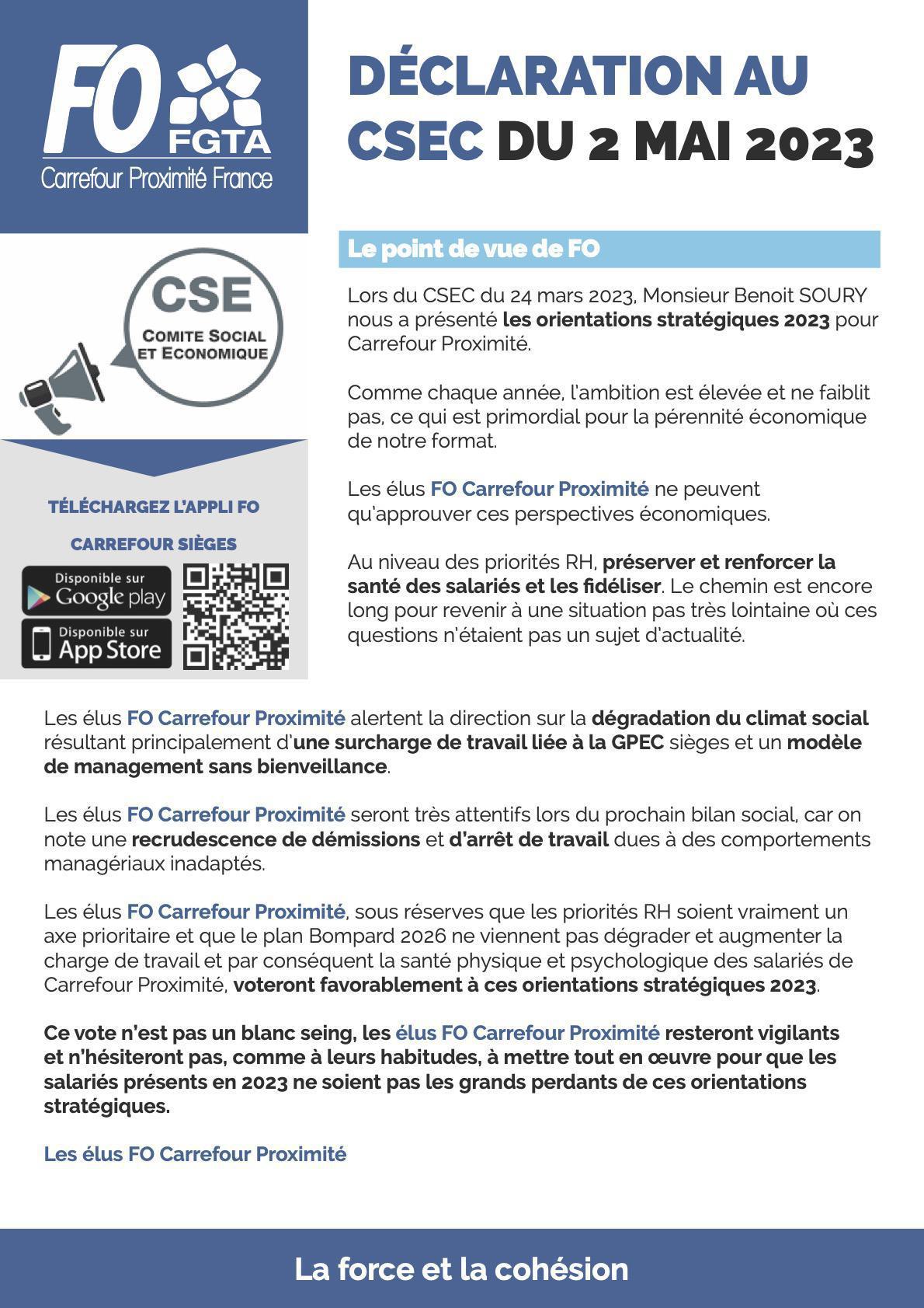Déclaration FO Carrefour Proximité au CSEC du 02 mai 2023