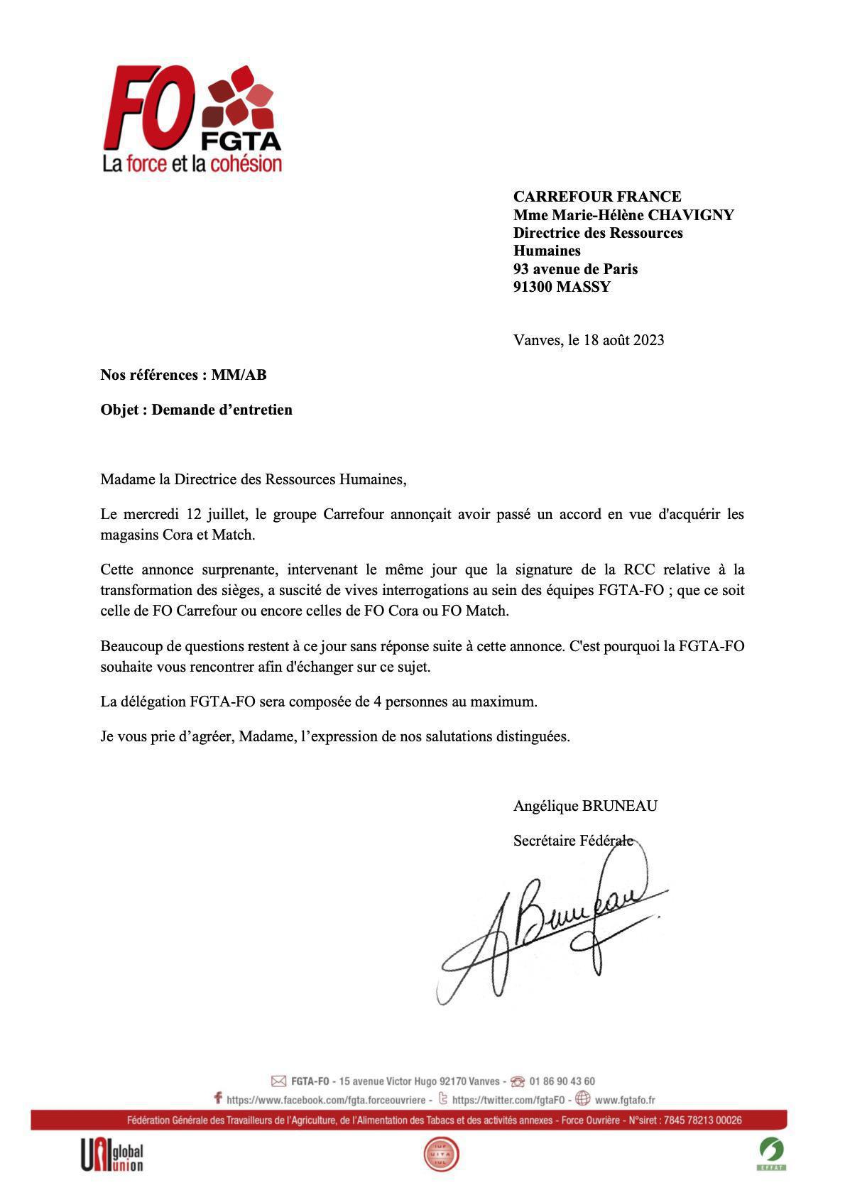La FGTA-FO interpelle la Direction Carrefour