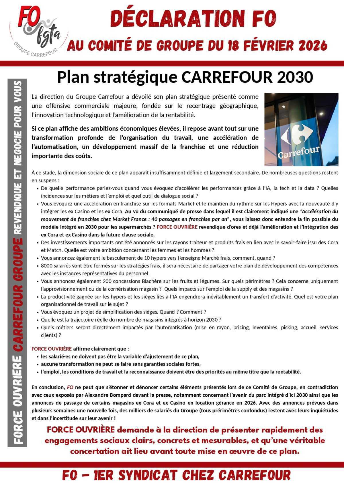 Déclaration FO au comité de groupe sur le plan stratégique