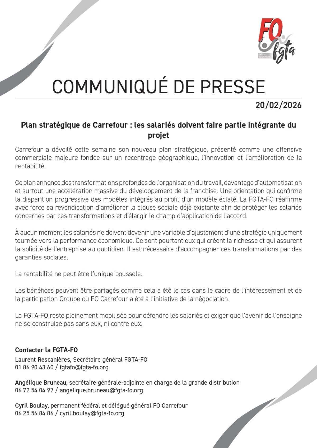 Communiqué de presse FGTA-FO suite au plan stratégique CARREFOUR 2030
