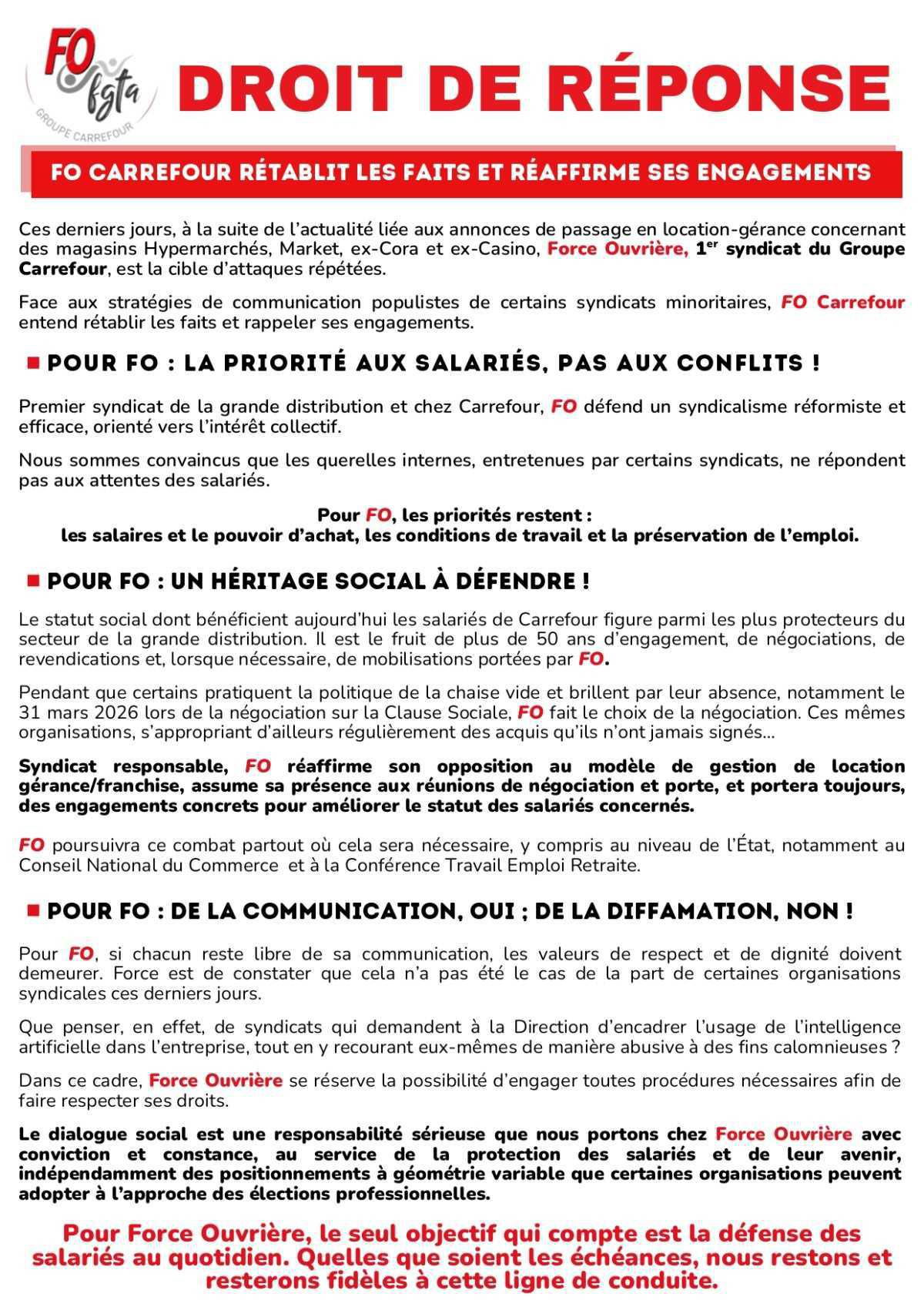 Droit de réponse : FO CARREFOUR rétablit les faits et réaffirme ses engagements 
